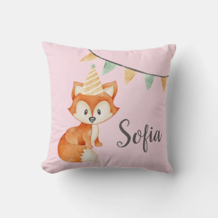 Cute Fox Woodland Party Hat Happy Birthday Pink Cushion