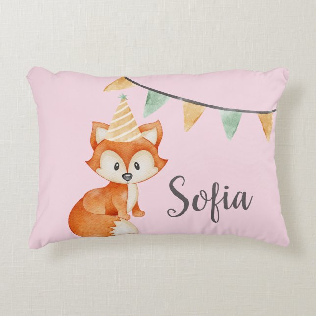 Cute Fox Woodland Party Hat Happy Birthday Pink Decorative Cushion (Front)
