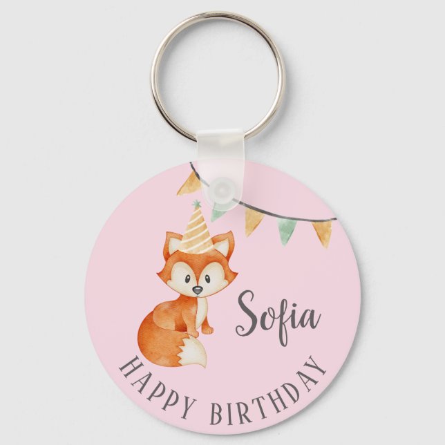 Cute Fox Woodland Party Hat Happy Birthday Pink Key Ring (Front)