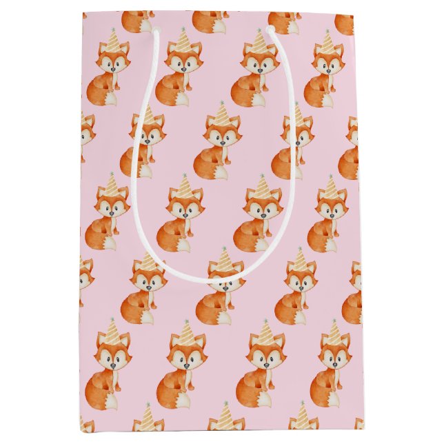Cute Fox Woodland Party Hat Happy Birthday Pink Medium Gift Bag (Front)