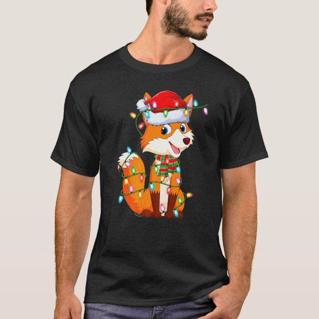 Cute Fox Xmas Lighting Santa Hat Fox Christmas T-Shirt (Front)