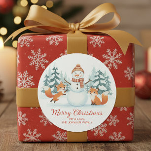 Cute Foxes and Snowman Merry Christmas Classic Round Sticker