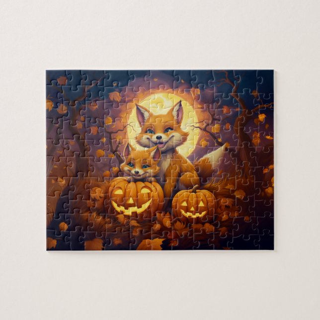 Cute foxes celebrate happy Halloween Jigsaw Puzzle (Horizontal)