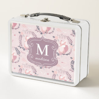 Cute Foxes Modern Adorable Girly Monogram Pink  Metal Lunch Box