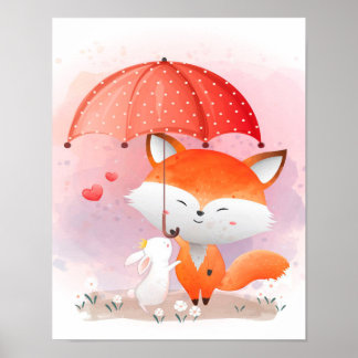 Cute foxes with a rabbit|gift for rabbit lover poster