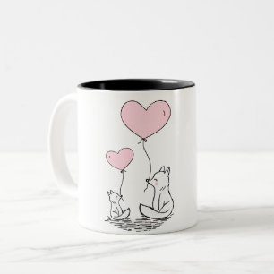 Cute Foxes With Pink Heart Balloons Two-Tone Coffee Mug