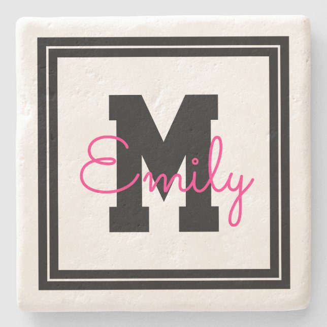 Cute Framed Name & Monogram | Black & Hot Pink Stone Coaster (Front)