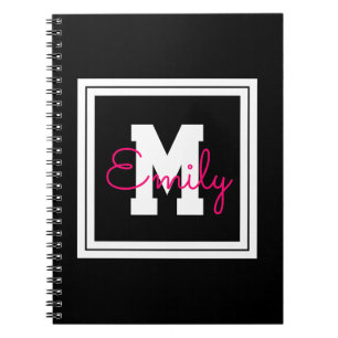 Cute Framed Name & Monogram   Black White & Pink Notebook