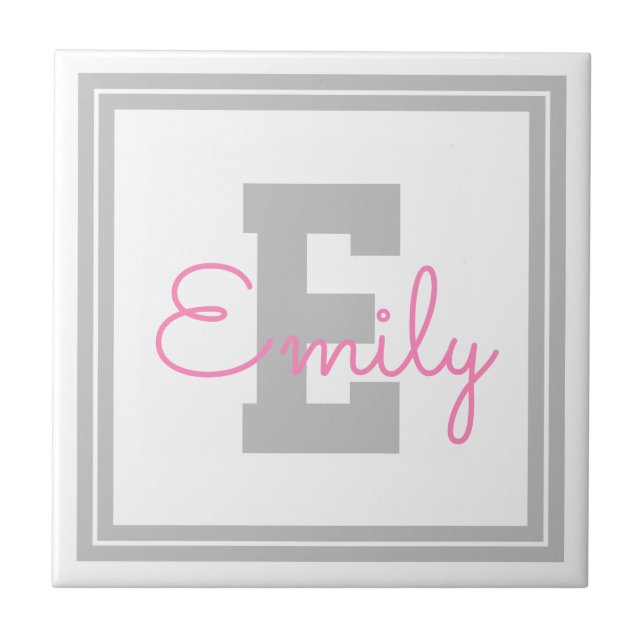 Cute Framed Name & Monogram | Light Grey & Pink Ceramic Tile (Front)