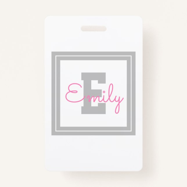 Cute Framed Name & Monogram | Light Grey & Pink ID Badge (Front)