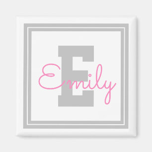 Cute Framed Name & Monogram Light Grey & Pink Magnet
