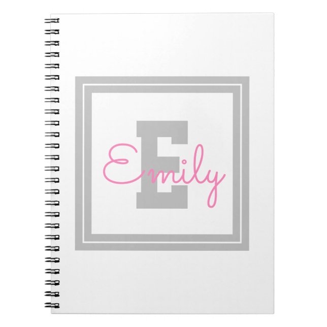 Cute Framed Name & Monogram | Light Grey & Pink Notebook (Front)