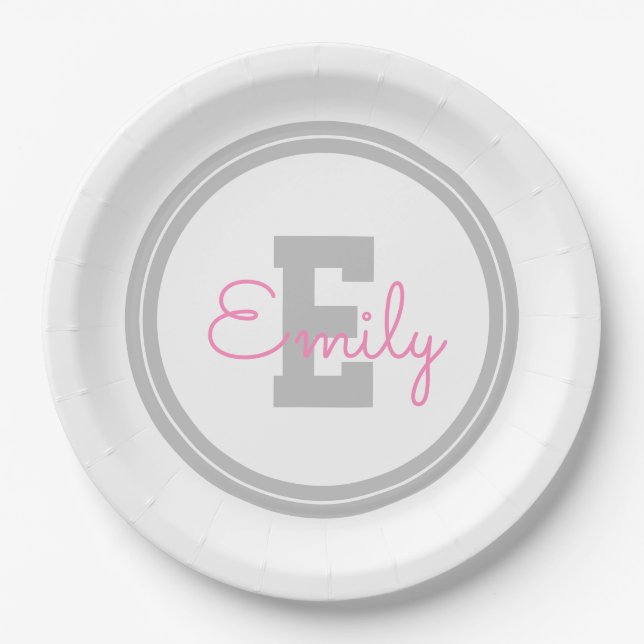 Cute Framed Name & Monogram | Light Grey & Pink Paper Plate (Front)