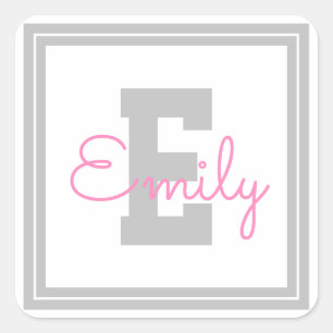 Cute Framed Name & Monogram   Light Grey & Pink Square Sticker