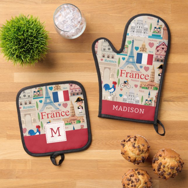 Cute France Icons Oven Mitt & Pot Holder Set (Top Down)