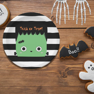 Cute frankenstein trick or treat striped paper plate