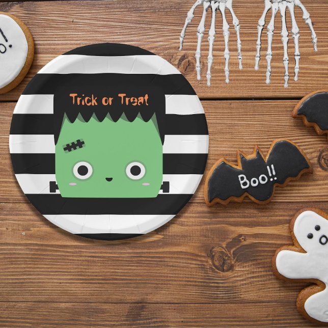 Cute frankenstein trick or treat striped paper plate (Creator Uploaded)