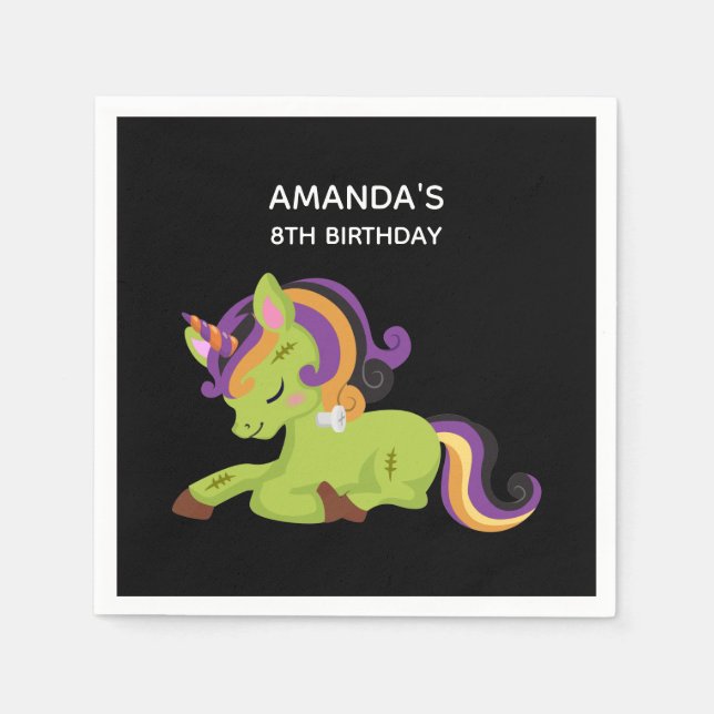Cute Frankenstein Unicorn Halloween Birthday Napkin (Front)