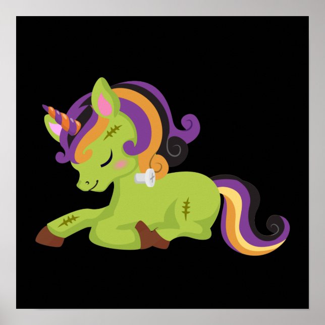 Cute Frankenstein Unicorn Halloween Drawing Poster (Front)