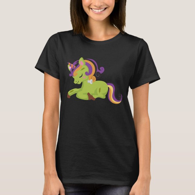 Cute Frankenstein Unicorn Halloween Drawing T-Shirt (Front)