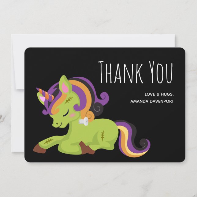 Cute Frankenstein Unicorn Halloween Drawing Thank You Card (Front)