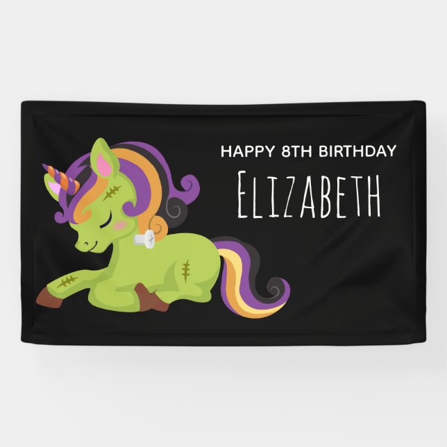 Cute Frankenstein Unicorn Halloween Party Banner (Horizontal)