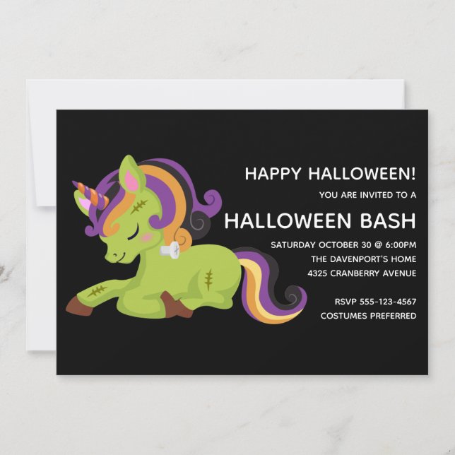 Cute Frankenstein Unicorn Halloween Party Invitation (Front)