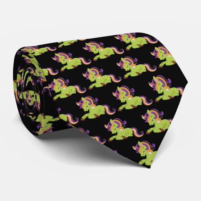 Cute Frankenstein Unicorn Halloween Pattern Tie (Rolled)
