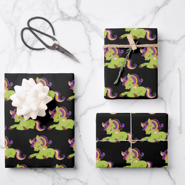 Cute Frankenstein Unicorn Halloween Pattern Wrapping Paper Sheet (Front)