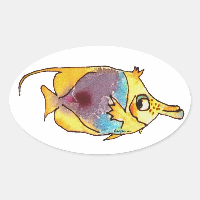 Cute Freckled Long-Nose Butterflyfish Fish Oval Sticker (Front)
