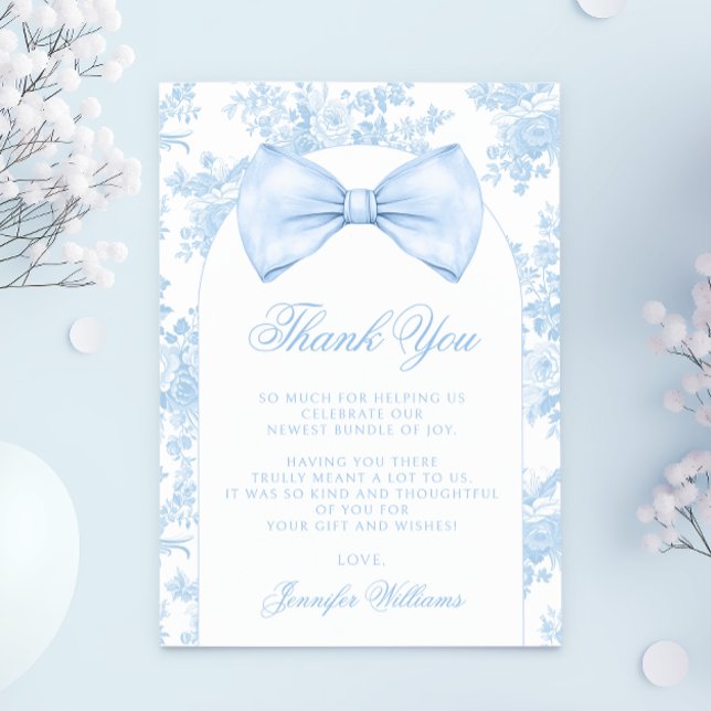 Cute French Blue Bow Tie Boho Baby Boy Shower Thank You Card (Creator Uploaded)