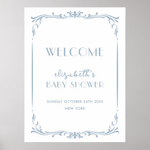 Cute French Blue Vintage Frame Baby Shower Welcome Poster