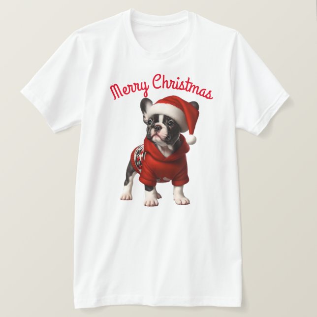 Cute French Bulldog and Santa Hat T-Shirt (Design Front)