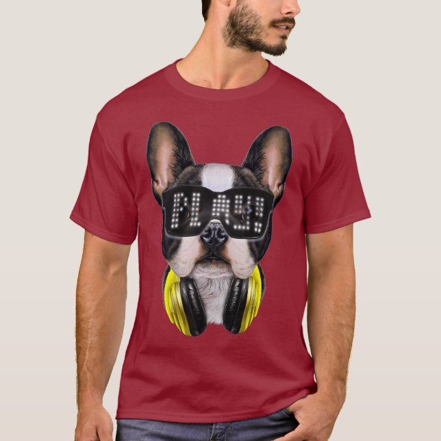 Cute French Bulldog as DJ wearing Sunglass and T-Shirt (Front)