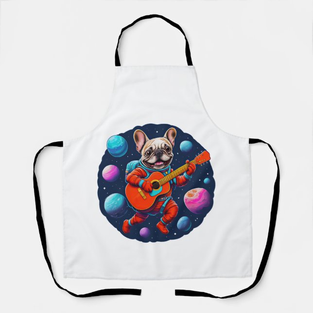 Cute French Bulldog Astronaut Playing Guitar – Fun Apron (Front)