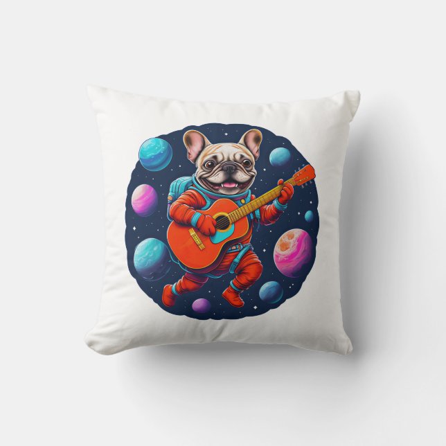 Cute French Bulldog Astronaut Playing Guitar – Fun Cushion (Front)