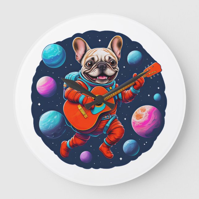 Cute French Bulldog Astronaut Playing Guitar – Fun Large Clock (Front)