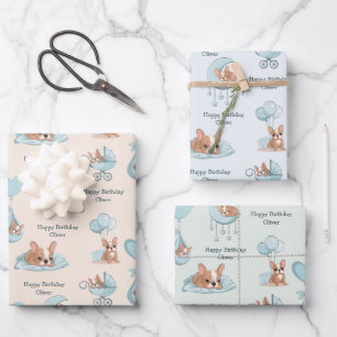 Cute French Bulldog Baby Boy Birthday Wrapping Paper Sheet