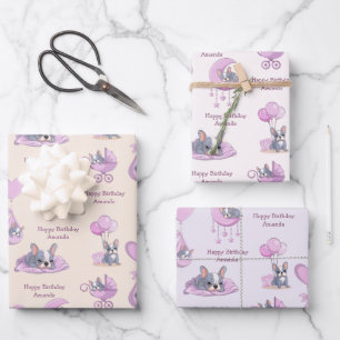 Cute French Bulldog Baby Girl Birthday Wrapping Paper Sheet