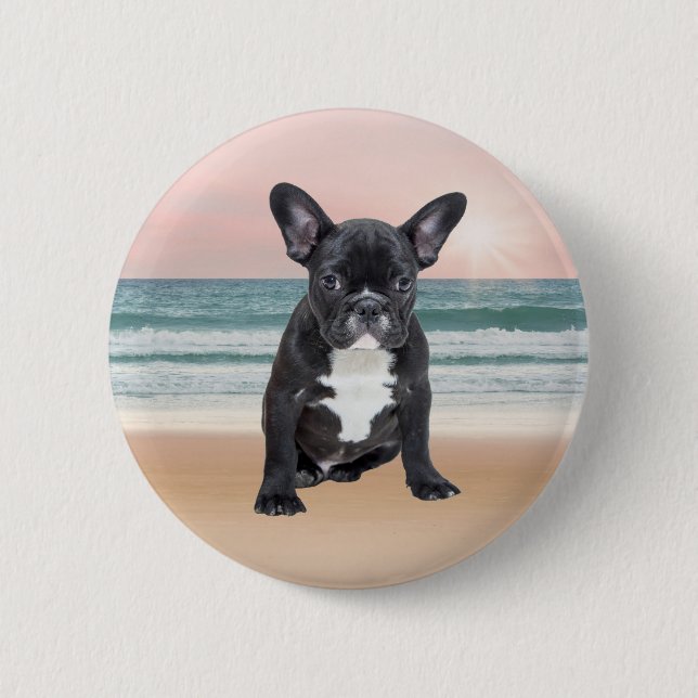 Cute French Bulldog Beach Sun Water 6 Cm Round Badge (Front)