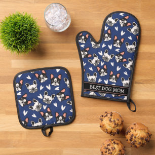 Cute French Bulldog Best Mum Pattern Oven Mitt & Pot Holder Set