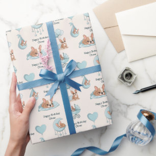 Cute French Bulldog Blue Baby Boy Birthday Wrapping Paper