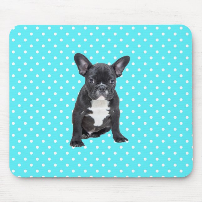 Cute French Bulldog Blue Polka Dots Mousepad (Front)