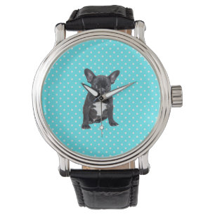 Cute French Bulldog Blue Polka Dots Watch