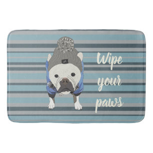 Cute French Bulldog Blue Striped Bath Mat