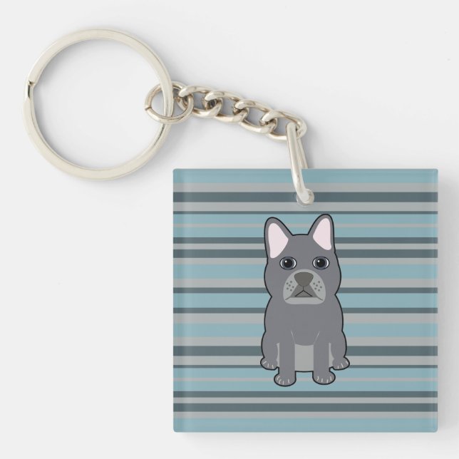 Cute French Bulldog Blue Striped Key Ring (Front)