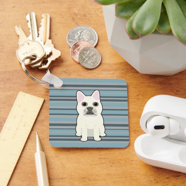 Cute French Bulldog Blue Striped Key Ring (Desk)