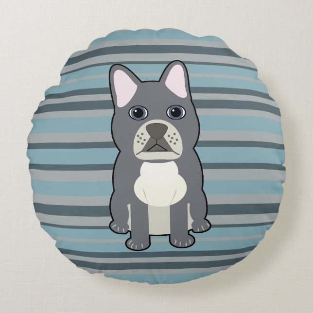 Cute French Bulldog Blue Striped Round Cushion (Front)