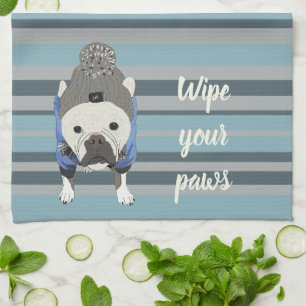Cute French Bulldog Blue Striped Tea Towel