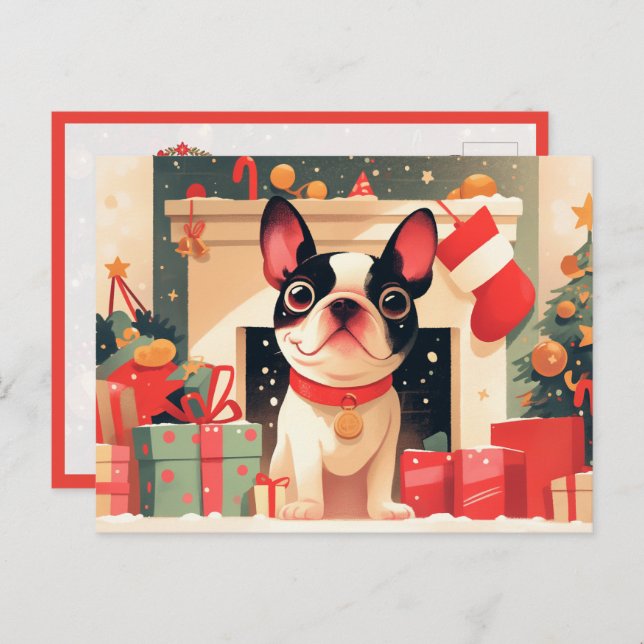 Cute French Bulldog by the Christmas Fireplace Postcard (Front/Back)